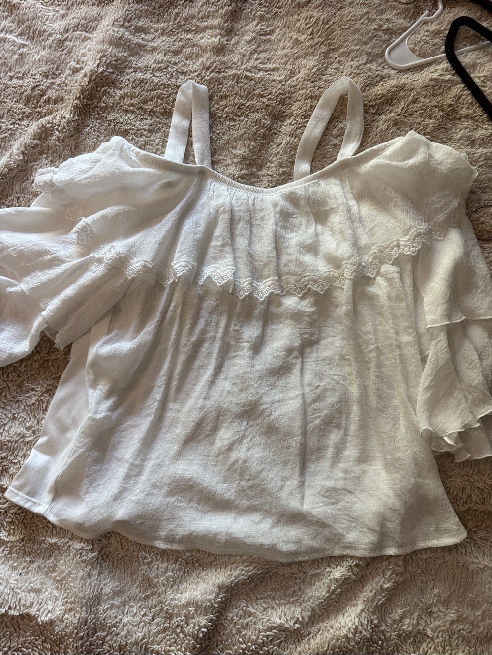 Off-Shoulder White Lace-Trim Women's Blouse